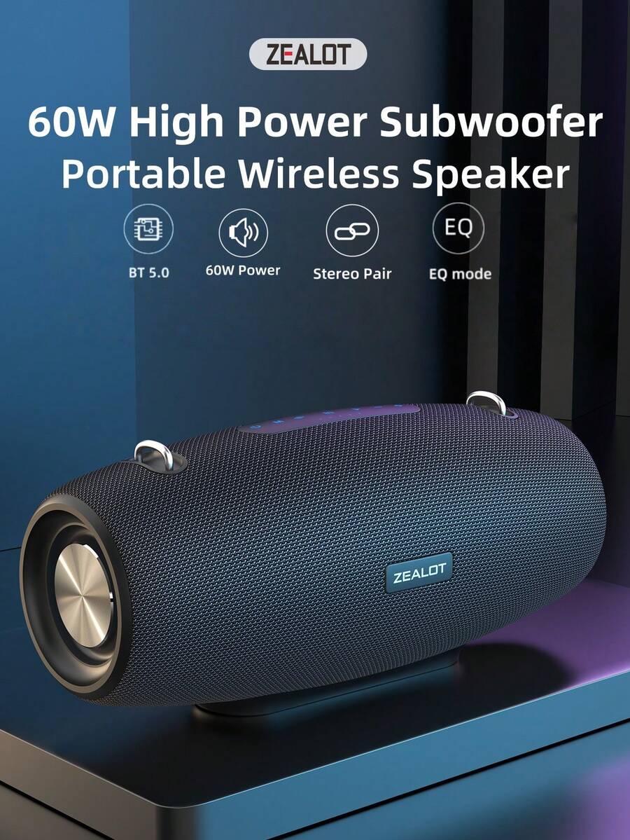 ZEALOT S67 便携式 60W 无线音箱，配备 3 个低音炮，带来强劲低音和 3D 环绕声，14400mAh 超长续航，兼容智能手机/平板电脑/电视，支持 TF/USB/AUX/TWS 接口，双扬声器设计提升音量，适用于汽车/户外/露营等场景。