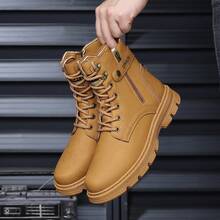 Men's High Top Combat Boots - Lace-Up Side Zipper Thick Sole Tactical Boots For Outdoor/Casual - Brown - View 5