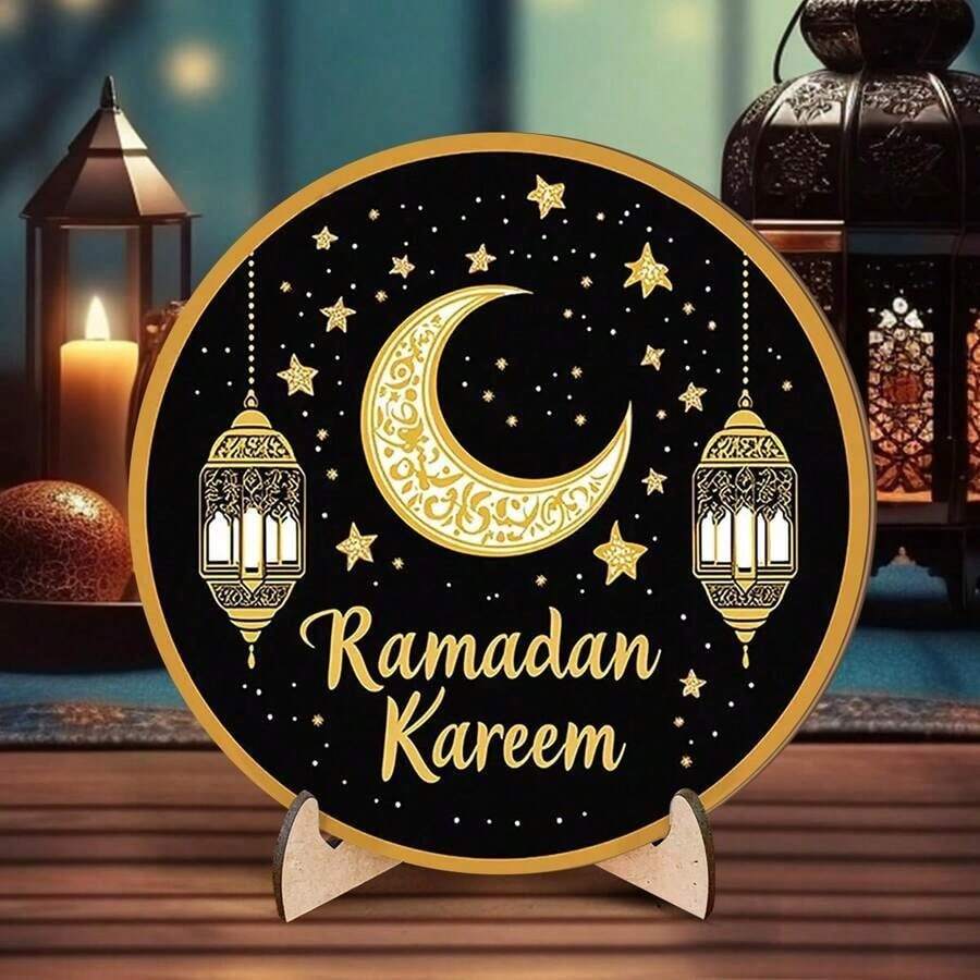 1pc Islamic-Style Wooden Round Tabletop Decorative Ornament, Featuring Black And Gold Moon And Star Motifs. Suitable For Vacation Home Decor, Islamic Holiday Celebrations, Party And Home Decoration, And As A Centerpiece For Dining Tables. A Perfect Gift Choice. - Multicolor - View 1