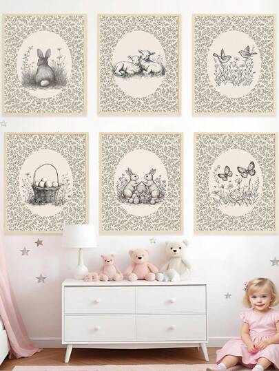 1 st canvasväggkonst - Babyrumsdekor - Könsneutralt påsktema: Kaniner, påskägg, vildblommor, utskrivbart konstverk, vårdekor barnrum påskdekor - inramad väggkonst för barnrum perfekt för lekrumsdekor barnrumsdekor, barnomsorgsrumsdekor, förskoledekor pojkrumsdekor flickrumsdekor barnrumsdekor påskväggkonst, babyrumsdekor, påskbarnrumsaffisch, vårdekoraffisch