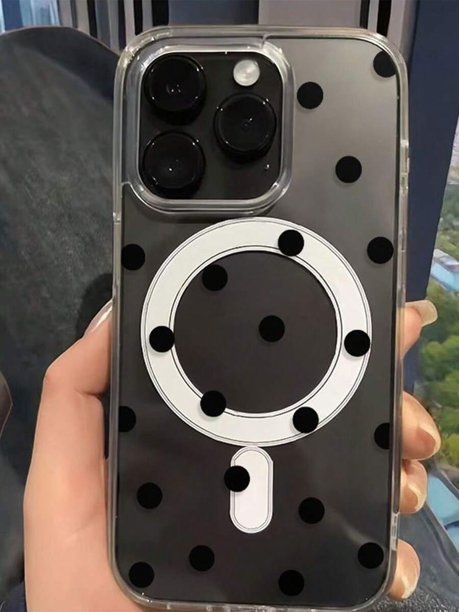 1pc Black Polka Dot Pattern Transparent Magnetic Phone Case, Couples Phone Case For Valentine's Day, Compatible With IPhone 17 Pro Max/16 Pro Max/15 Pro Max/13/15/16/17 Pro/14/11, Fashionable Transparent Black Dot Magnetic Phone Protective Cover - Clear - View 1
