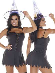 Fantasia Halloween Feminina Bruxa Sensual Com Vestido e Chapéu Festa Temática Bruxinha Carnaval - Preto - Visão 6