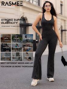 1 pieza Mono de yoga sin costuras para mujer, diseño de estampado de leopardo en todo el Body, tirantes cruzados en la espalda, pierna acampanada, adecuado para entrenamiento, yoga, correr, senderismo, fitness y uso casual en casa, color negro - Negro - Ver 6