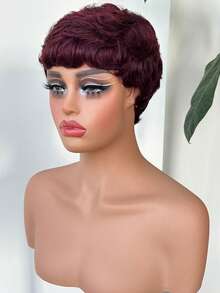 Pelucas de cabello humano para mujeres, estilo corte pixie en varios colores para mujeres, pelucas de cabello humano corto mezclado en color burdeos y marrón con flequillo, perfectas para fiestas y festivales de música - S99JA/BUGA - Ver 4