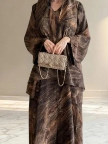 SuofeiMan 女士时尚中东穆斯林印花休闲长袍外套，适合春夏穿着，优雅长袍，适合日常休闲、旅行、度假、休闲度假或派对场合。 - 棕色 - 查看 2