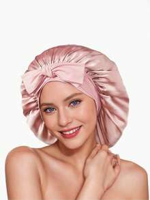 1件装女士春夏仿丝双层弹力缎带睡帽，高品质缎面蝴蝶结宽檐头巾帽，美容护发，双面可用，直径36厘米 - 彩色 - 查看 12