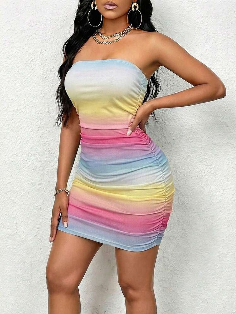 Women's Rainbow Striped Bodycon Strapless Dress, Sexy Summer Dress Suitable For Summer Vacation, Travel And Party - Multicolor - View 3