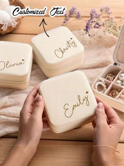 Personalized Handwritten Name Heart-Shaped Jewelry Box - Customized Beige Travel Jewelry Storage Box,Customized Jewelry Box For Women, Can Print Personalized Name, Zipper Closure, Fabric Lining, Perfect Bridesmaid Invitation Gift Or Couple's Keepsake, Elegant Design | Soft Lining, Wedding Gift, Jewelry Box