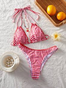 PEPPERMOLLY Red Gingham Halter Bikini Set, Retro Swimsuit With Ruffled Triangle Top & Cheeky Bottoms For Women - Red and White - View 4