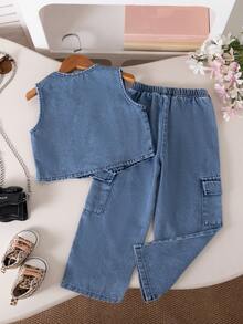 2pcs/Set Young Girl Summer Casual School Style Vest Top And Straight Leg Pocket Pants, Suitable For Daily Wear, Outdoor, School, Commute, Vacation, Party, Photoshoot - Blue - View 2