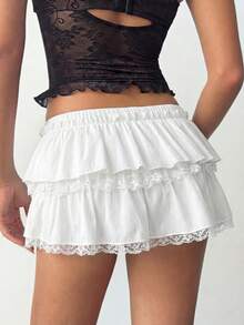 Pink Floral Lace Layered Ruffle Hem Mini Skirt With Elastic Waist - Casual Elegant Resort Style, Suitable For Beach Vacation, Summer Party, Casual Gathering, Summer Outing, Minimalist Look - White - View 6