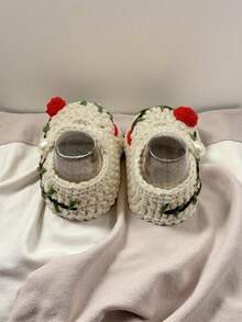 1 Pair Handmade Crochet Infant Booties With Rose Embroidery, Beige Knitted Lace-Up With Pearl Button, Floral Design - Beige - View 7