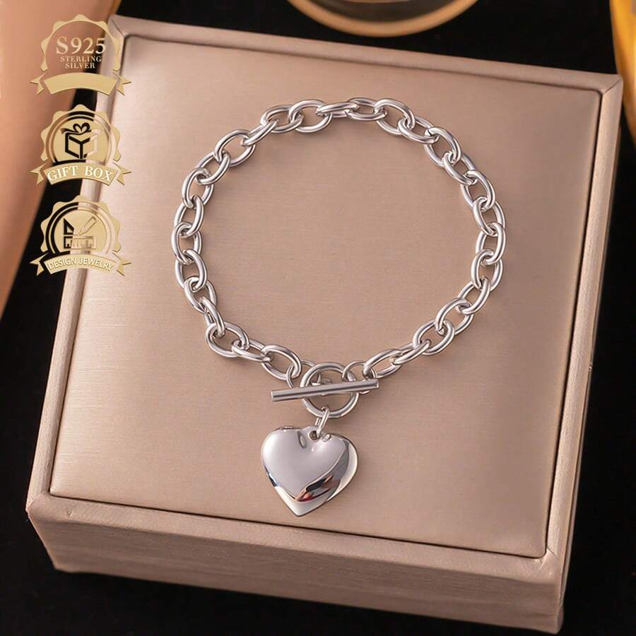 1pc Fashion 925 Sterling Silver Cubic Zirconia Crown & Heart Bracelet, Elegant & Artistic, Suitable For Daily Wear And Gift - Silver - View 1