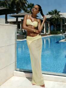 Ensemble de 3 pièces Maillot de bain Bikini unicolore Sexy Balconnet Bikini Jupe mi-longue 2026 Femmes Été Bord de mer Vacances Tenue de bain Maillot de bain Tenue de vacances - Jaune clair - Voir 7