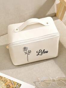 1PC Customized Women's Makeup Bag/Storage Bag With Customized Text And Month Flowers,Customized Waterproof PU Leather Cosmetic Bag, Large Capacity Dual Layer Makeup Bag With Compartments, Spacious Toiletry Bag With Divider, Makeup Organizer - Multicolor - View 5