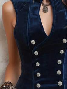 女士优雅无袖立领丝绒衬衫，纽扣装饰，常规长度，采用柔软舒适的面料制成，适合约会、聚会、度假等场合！ - 寶藍色 - 查看 6