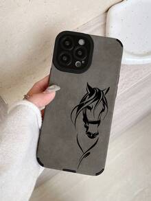 极简奢华仿麂皮纹理马头印花高端灰色手机壳，镜头保护壳，兼容 17/ 17 Pro/ 14/ 16/ 16e/ 17 Pro Max/ 15 - 灰色 - 查看 3