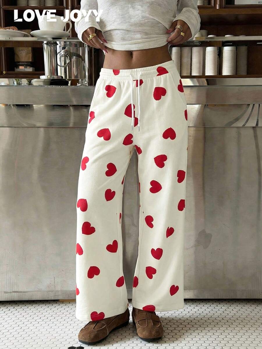 LOVE JOYY Women's Drawstring Pocket Straight Leg Pants, Cute Casual Style, Red Heart Pattern, Suitable For Spring/Summer, Valentine's Day, Daily Wear, White - White - View 1