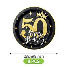 50周年黑色金点生日快乐一次性餐盘、餐巾纸、杯子套装，包含餐盘、餐巾纸和杯子，适合8位客人使用，一次性纸盘，派对餐具，适用于生日、婚礼、主题派对、家庭野餐等场合。 - 彩色 - 查看 10