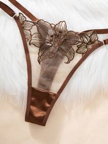 EverydayBra 1 Set Of 2 Pieces Women's Brown Embroidered Floral Everyday Underwear Set, Including A Semi-Transparent Bow Chest Bra And Thong - Brown - View 5