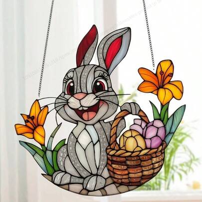 复活节限量版：复活节兔子彩色玻璃窗挂饰，亚克力墙饰，复古宗教主题，多用途室内/室外装饰牌，配有花篮和彩蛋，是送给朋友和女性的理想礼物，适用于家居、办公室、卧室、客厅