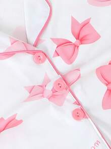 3件套女童休闲蝴蝶结印花Polo领短袖开衫、短裤和长裤睡衣套装，阻燃，四季皆宜 - 白色 - 查看 5