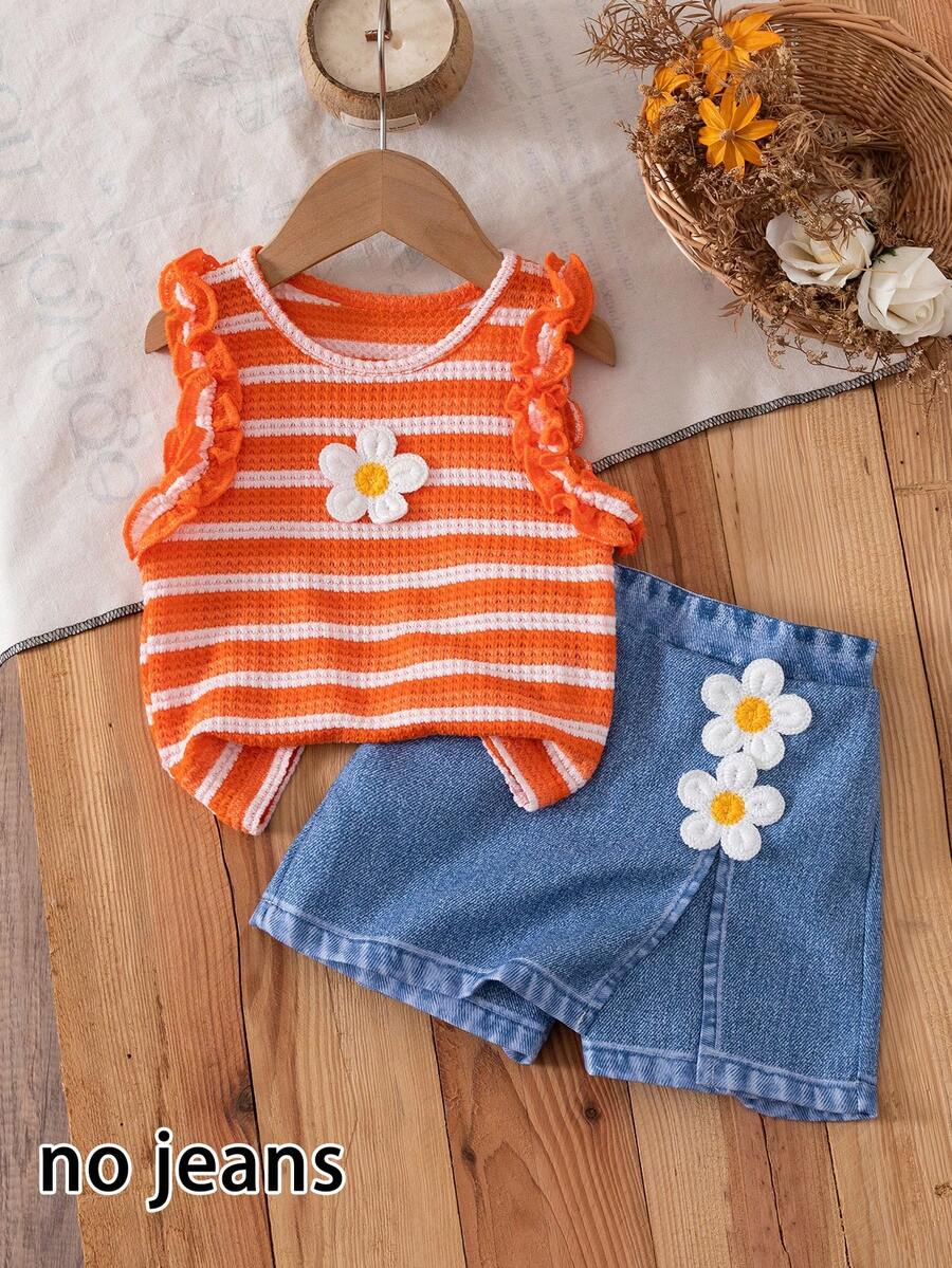 BASUSARRI Bộ quần short in 3D cho bé gái, áo hở lưng viền hoa, quần short giả váy hoa 3D, trang phục thường ngày thời trang cho bé gái.