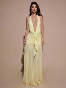 2026BAE Sexy Minimalist Solid Yellow Cream Deep V-Neck Halter Bodycon Ruched Fitted Women's Maxi Mesh Dress, Suitable For Party, Cocktail, Formal Occasions, Bridesmaid, Birthday, Business Casual, Elegant Women Maxi Dress,Valentine's Day,Valentine Fits For WomenLoose And Comfortable,Casual And Easy-Goin - 珊瑚粉 - 查看 10