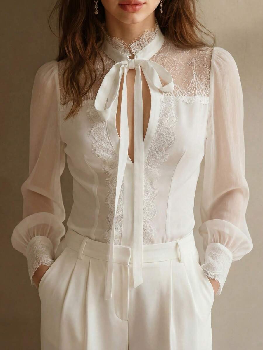 Áo sơ mi nữ tay dài màu trắng thanh lịch, không co giãn, viền ren, cổ nơ, áo kiểu công sở thường ngày, áo sơ mi nữ trang nhã, áo sơ mi nữ tay dài thắt nơ ren (YY1194) - trắng - Xem 1