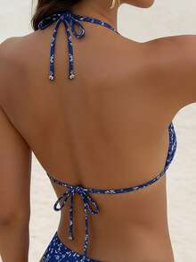 Bộ bikini hai mảnh họa tiết hoa nhí màu xanh dương, kiểu dáng hở lưng, buộc dây, thích hợp cho kỳ nghỉ hè, tiệc bể bơi, đi biển dành cho nữ. - Xanh đậm - Xem 5