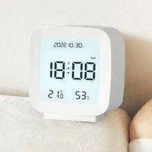 Minimalist, Portable, Small, Multifunctional Desk Clock With Night Light And Temperature And Humidity Meter - White 1pc - View 3