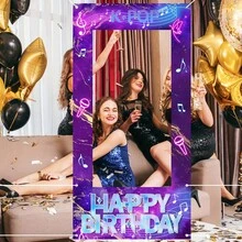 1pc Retro K-Pop Theme Birthday Party Backdrop Frame, 120*60/180*90/210*105CM, Purple Music Note Microphone Pattern, Disco Ball Design, Boys & Girls Birthday Photo Booth Prop - Multicolor - View 9
