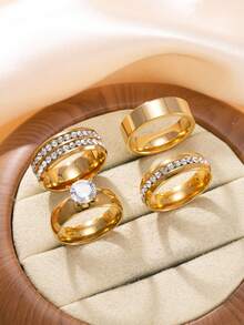 Set de 4 anillos de acero inoxidable con diamante de imitación geométricos de lujo, adecuados para uso diario, fiestas y el Día de San Valentín de las mujeres - Dorado - Ver 2