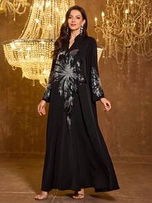 SUPGIR 女士【随机印花】立领长袖手工串珠缎面正式连衣裙 - 黑色 - 查看 5