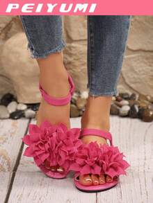 PEIYUMI Women's Sandals, Summer Beach Floral Decor Sandals, Stretchy Elastic, Easy To Carry - Hot Pink - View 3