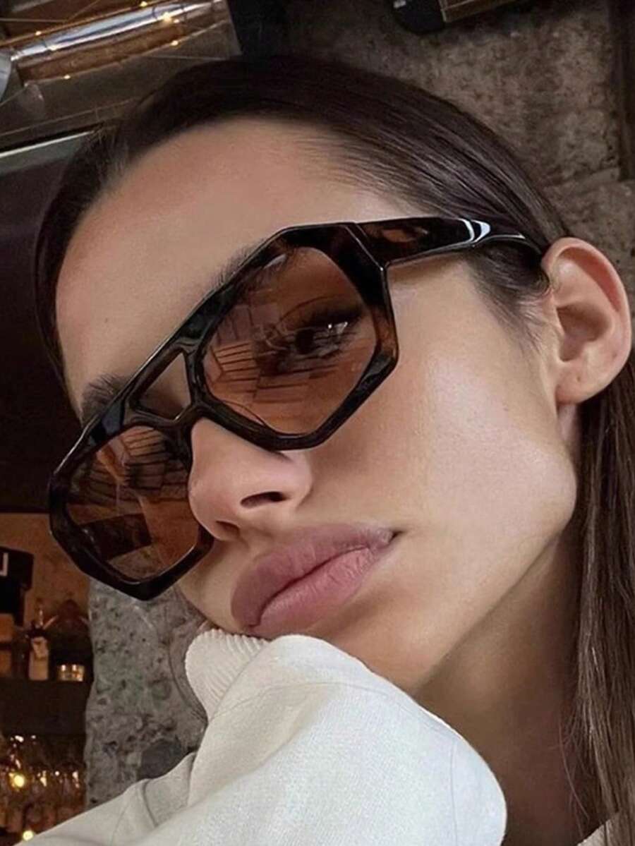 Women's Fashion Eyeglasses, Women's Glasses, Women's Brown Polygonal PC Frame Retro Double Bridge Fashion Street Style Glasses, Eyeglasses, Women's Suits, Women's Winter Glasses - Multicolor - View 1