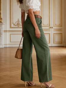 女士带口袋阔腿宽松休闲百搭牛仔裤（春季款） - 軍綠色 - 查看 3