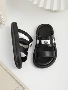 1 Pair Kids Open Toe Anti-Slip Beach Sandals, Children Casual White Bottom Classic Soft Bottom Leisure Slippers, Versatile Toddler Walking Sandals - Black - View 6