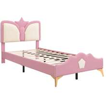 Upholstered Bed, Single Bed, Children's Bed, Crown-Shaped Headboard, Shock-Absorbing Soft Foam Headboard And Edge, Playful Colors, PU + Iron + Foam, Pink + White, 90 X 200 Cm - Pink - View 8