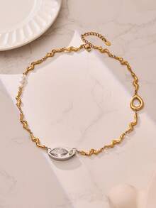 1pc European & American Style Zirconia Eye & Cultured Pearl Textured Necklace, Stainless Steel Jewelry - P706 - Necklace - View 5