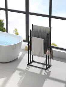 1pc Modern Freestanding Towel Rack, Elegant 3-Tier Black Bathroom Towel Holder With Hooks, Sturdy Floor Standing Towel Bar - Black - View 11