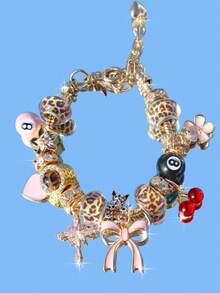 1pc Leopard Print Bow Heart Charm Bracelet, 1pc Cute Red Cherry Bracelet, 1pc Lucky Number 777 Bracelet, 1pc Birthstone Bracelet, 1pc Cute Bow Bracelet, 1pc Fashionable Leopard Print Music Festival Heart Bracelet - Gold - View 14