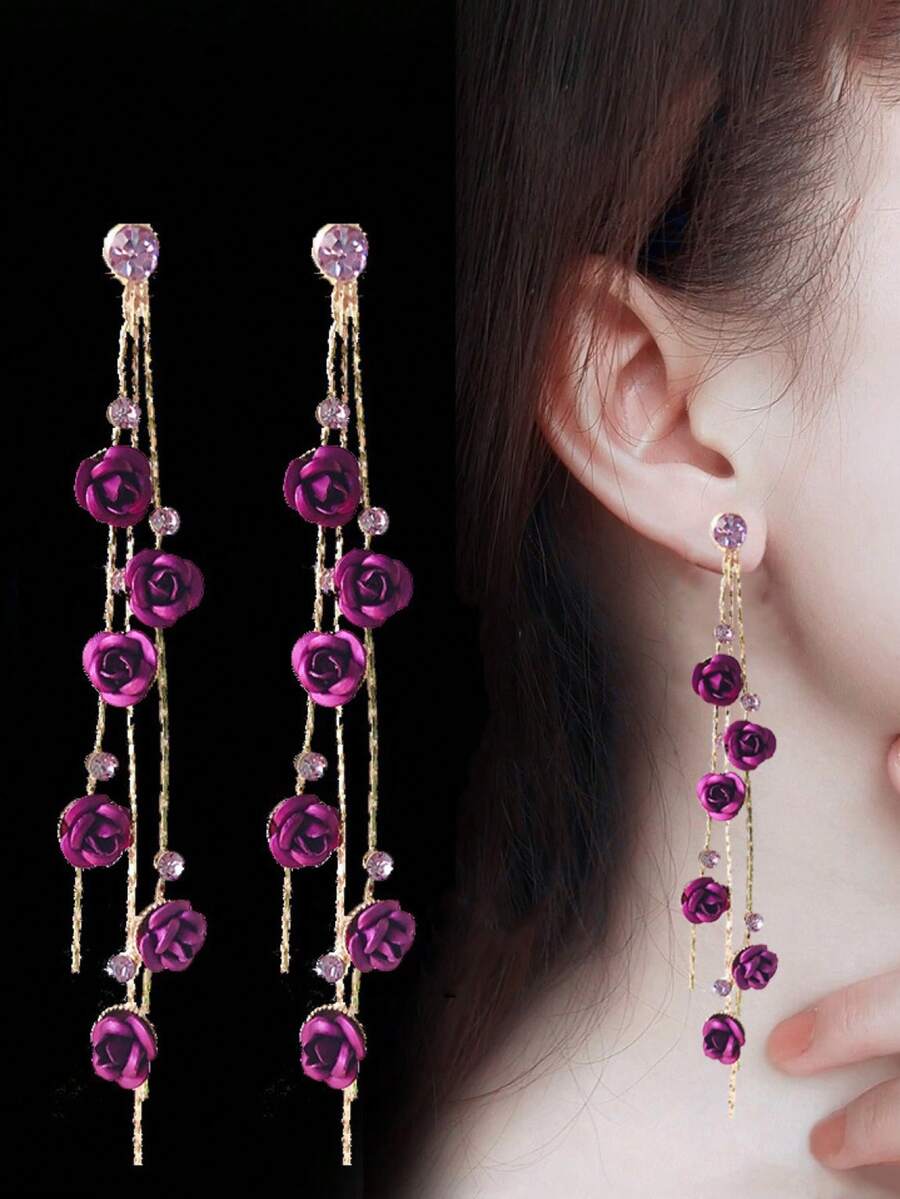 时尚玫瑰耳环，优雅迷人的长流苏水晶耳环，空灵美丽 - 玫瑰花 - 查看 1