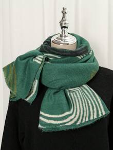 1件装女士秋冬仿羊绒条纹围巾，加厚保暖流苏刺绣波西米亚风旅行披肩斗篷 - 彩色 - 查看 8