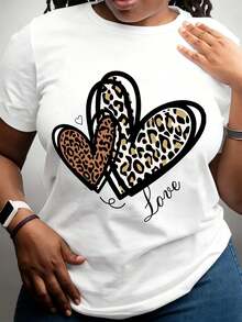 Women Leopard Heart Print Love Design Pure Cotton Casual Round Neck T Shirt Soft Comfortable Stretch Fabric Suitable For Daily Wear Seasonal Wear Holiday Wear Perfect Gift For Family Or Loved Ones - 白色 - 查看 1