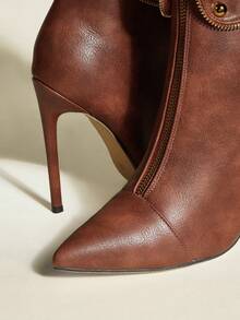 Brown Pointed Toe Slim High Heel Zipper Closure Ankle Boots, Sexy & Fashionable For Party Outfit - Brown - View 7
