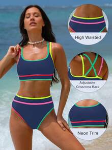 popvil Colorblock Sports Bra & Bikini Set, Summer Vacation - Navy Blue - View 3