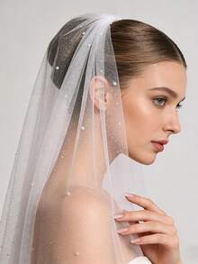 1pc Shiny Pearl Bridal Veil, Minimalist & Elegant Design, Suitable For Wedding Dress, Cathedral Wedding - Multicolor - View 3