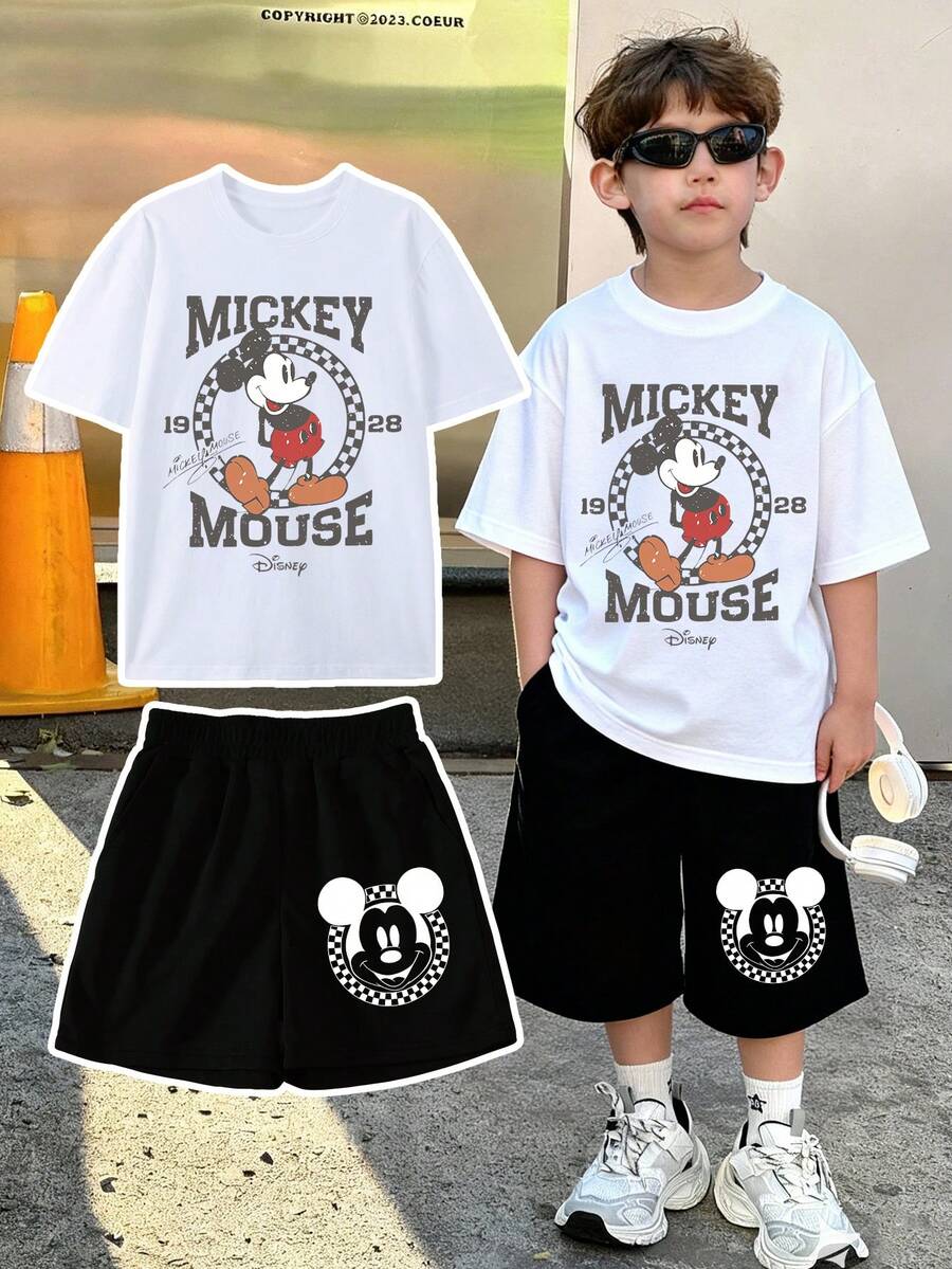 Disney Short-Sleeve T-Shirt And Shorts Summer Set Featuring Mickey Mouse Lettering On The T-Shirt And Mickey Head Print On The Shorts, Crafted From Soft, Comfortable Fabric. This Two-Piece Boys' Set Is Perfect For Spring And Summer, Offering A Cool Look Ideal For School, Shopping, Or Travel. It Also Makes A Great Gift For Young Boys. - 白色+黑色 - 查看 1
