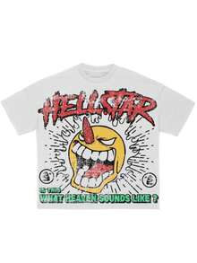 Y2K HELLSTARs "Is This What Heaven Sounds Like?" Red Graffiti Typography With Horned  Print Graphic Tee,Casual Print,Comfortable And Versatile,Pure Heavy 220g 100% Cotton Printed T-Shirt,Unisex Style,1 Pcs - 白色 - 查看 1